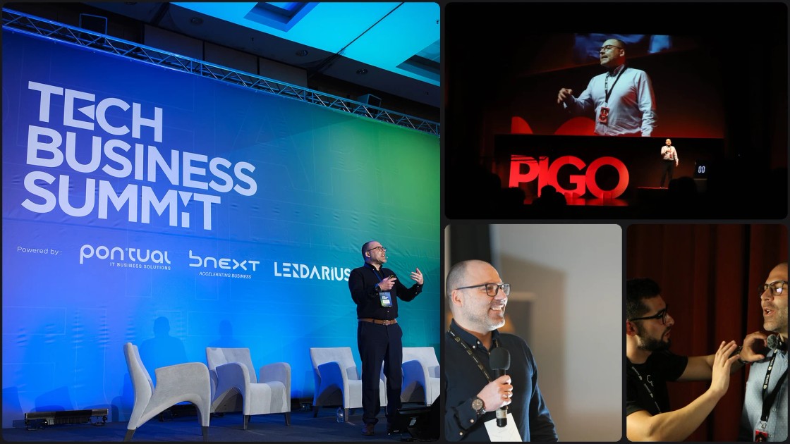 Montagem de quatro momentos em palco — o Tech Business Summit no Europarque, o palco do PIGO, um momento a sorrir com microfone e a preparação antes de entrar em cena