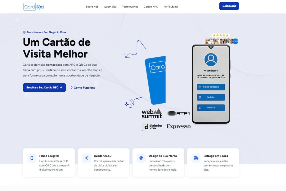 Página inicial da CardUp, com o cartão contactless e o perfil digital no telemóvel