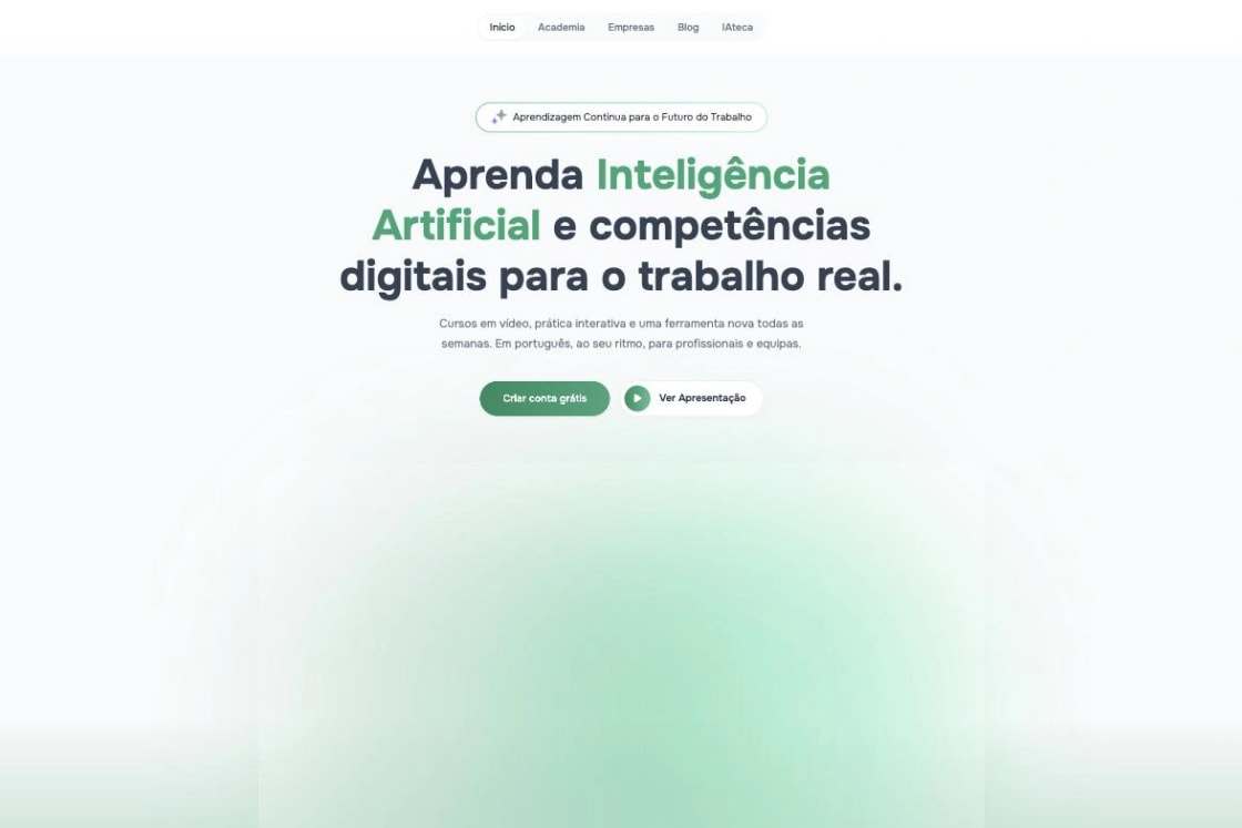 Página inicial da SuperHumano Academy, com o título «Aprenda Inteligência Artificial e competências digitais para o trabalho real»