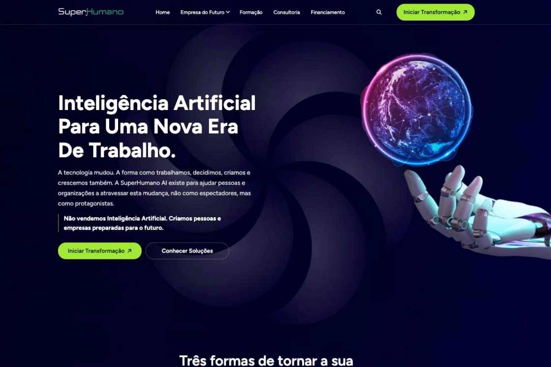Página inicial da SuperHumano AI, com o título «Inteligência Artificial Para Uma Nova Era De Trabalho»