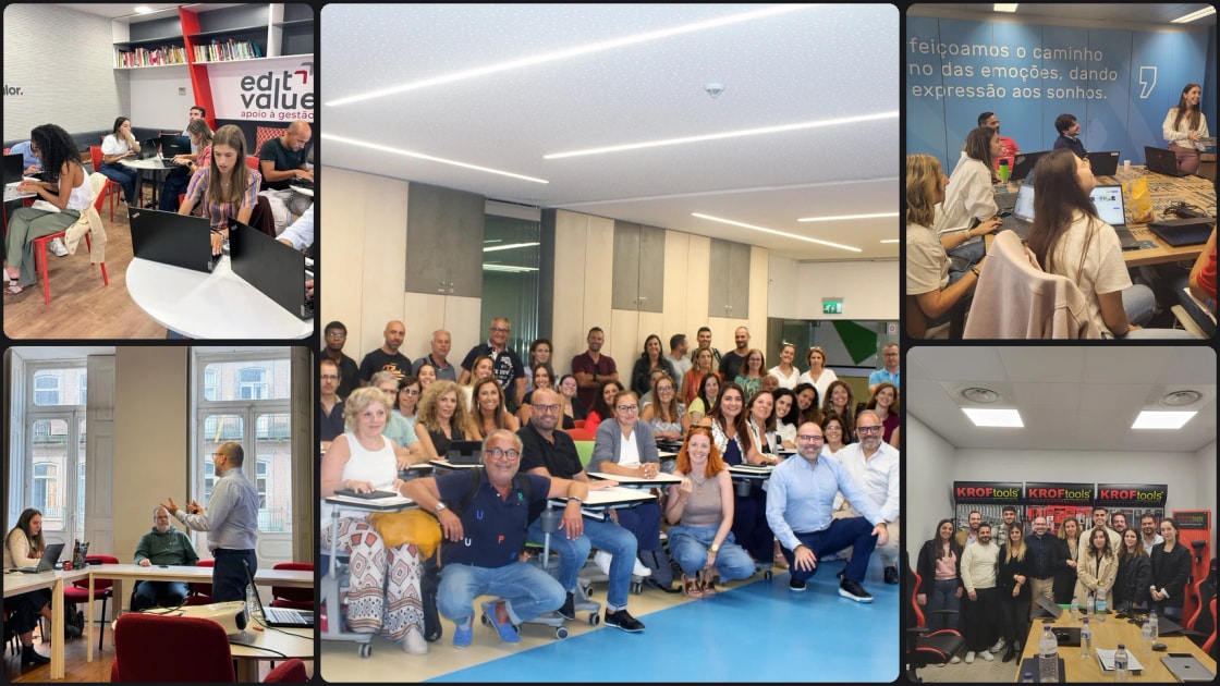 Montagem de cinco momentos de formação in company — uma turma numa sala de aula cheia, equipas a trabalhar nos portáteis e fotografias de grupo no fim das sessões